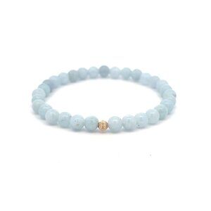 Natural Gemstones Aquamarine 6mm Stretchable Bracelet 14k Gold Corrugated Bead